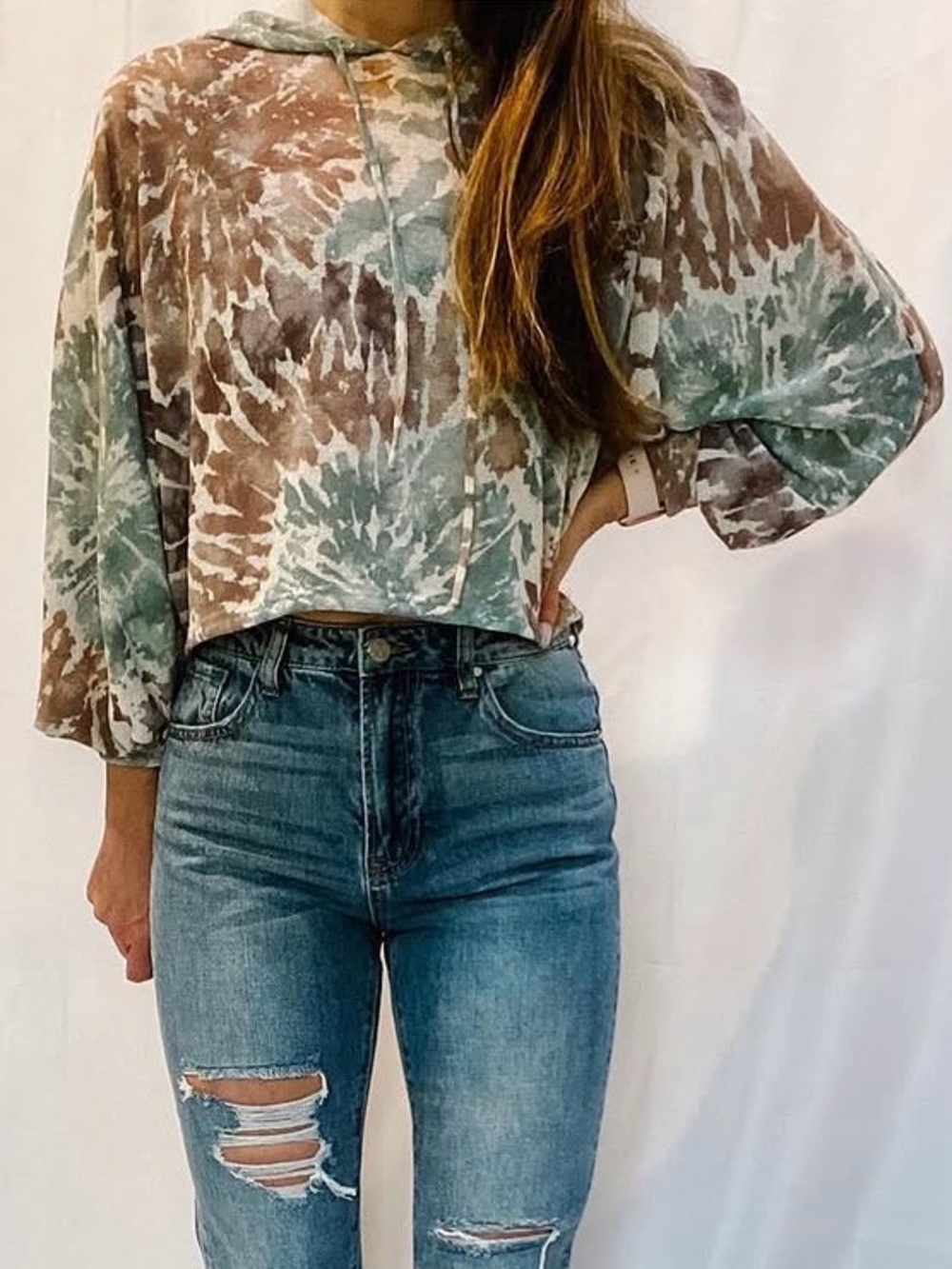 Cropped Tie-Dye Hoodie in Sage Green & Taupe
